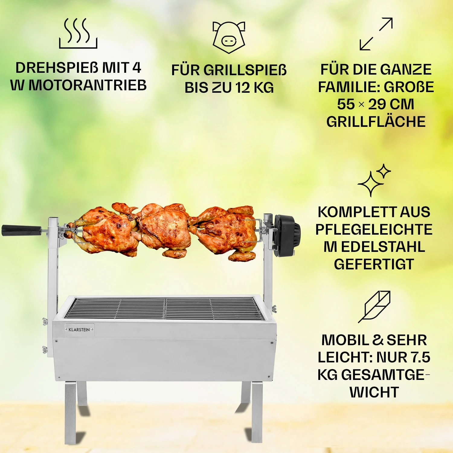 Sauenland Mini Rotisserie-Grill Drehspieß 4W 12kg Max. Edelstahl 4 Sauenland Mini Rotisserie-Grill Drehspieß 4W 12kg Max. Edelstahl – Bild 2