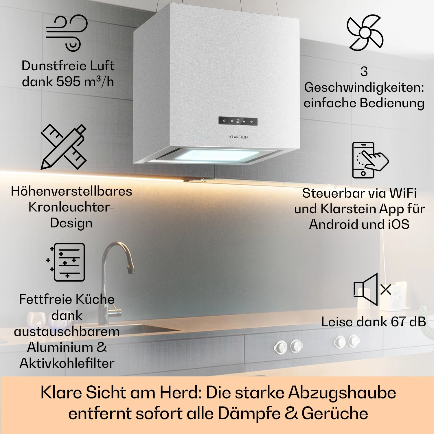 Kronleuchter Smart Inselabzugshaube 595m³/h App-Steuerung LED-Panel 4 Kronleuchter Smart Inselabzugshaube 595m³/h App-Steuerung LED-Panel – Bild 2