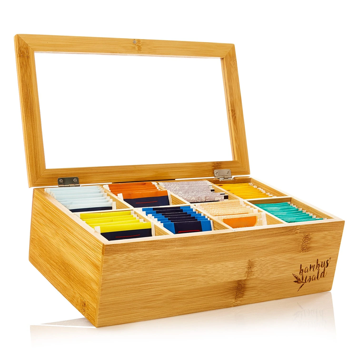 Teebox 8 Fächer 120 Teebeutel Kunststoff-Sichtfenster Bambus 3 Teebox 8 Fächer 120 Teebeutel Kunststoff-Sichtfenster Bambus