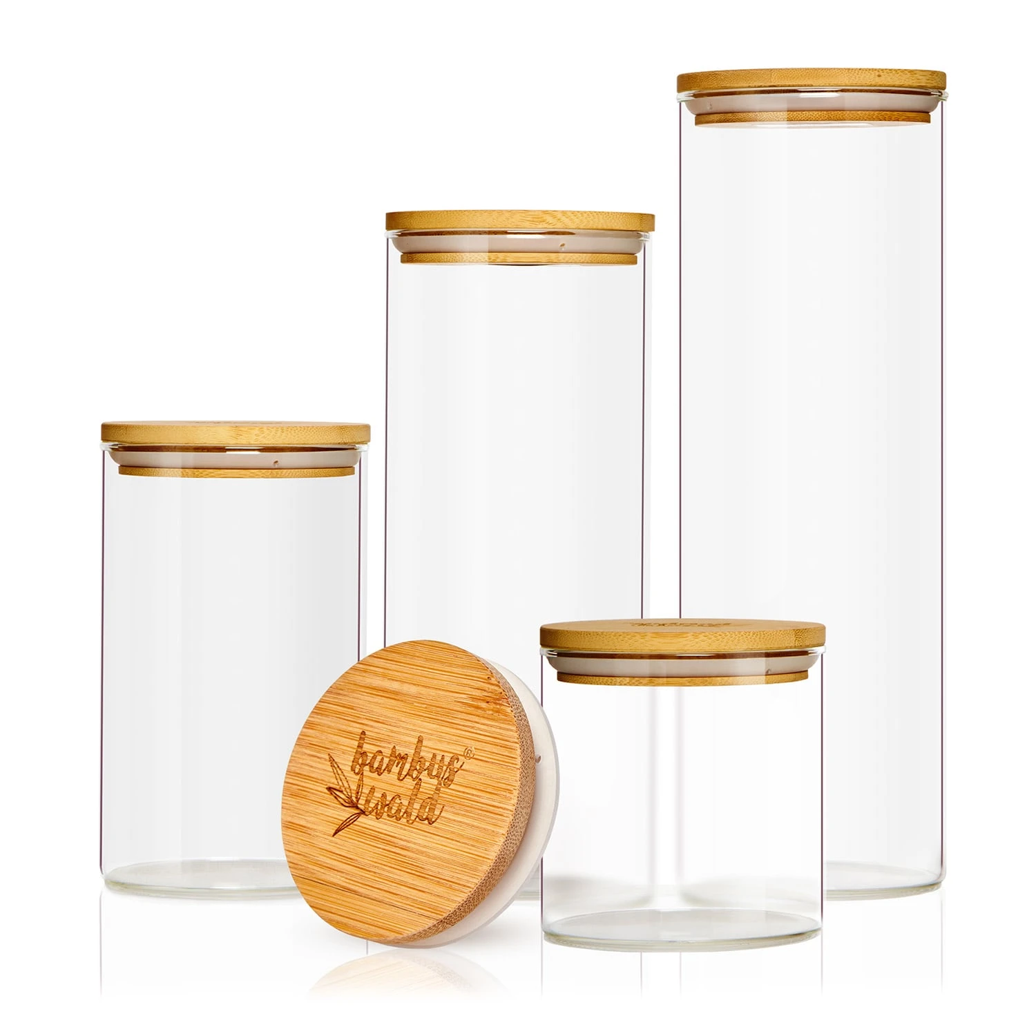 Rundes Glas Mit Bambusdeckel 4er-Set Inhalt: 600 Ml, 1000 Ml, 1500 Ml, 1800 Ml 3 Rundes Glas Mit Bambusdeckel 4er-Set Inhalt: 600 Ml, 1000 Ml, 1500 Ml, 1800 Ml
