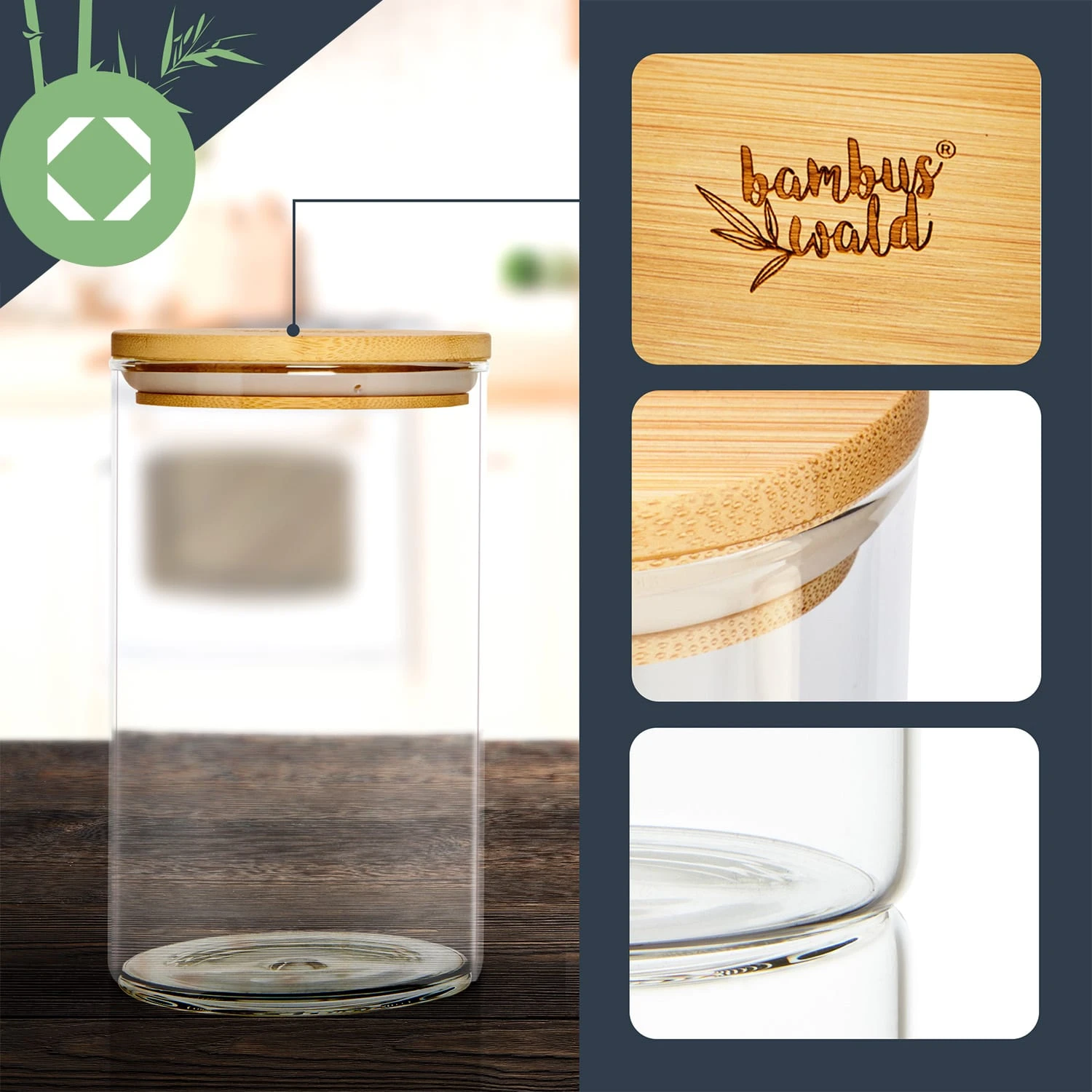 Rundes Glas Mit Bambusdeckel 4er-Set Inhalt: 600 Ml, 1000 Ml, 1500 Ml, 1800 Ml 4 Rundes Glas Mit Bambusdeckel 4er-Set Inhalt: 600 Ml, 1000 Ml, 1500 Ml, 1800 Ml – Bild 2