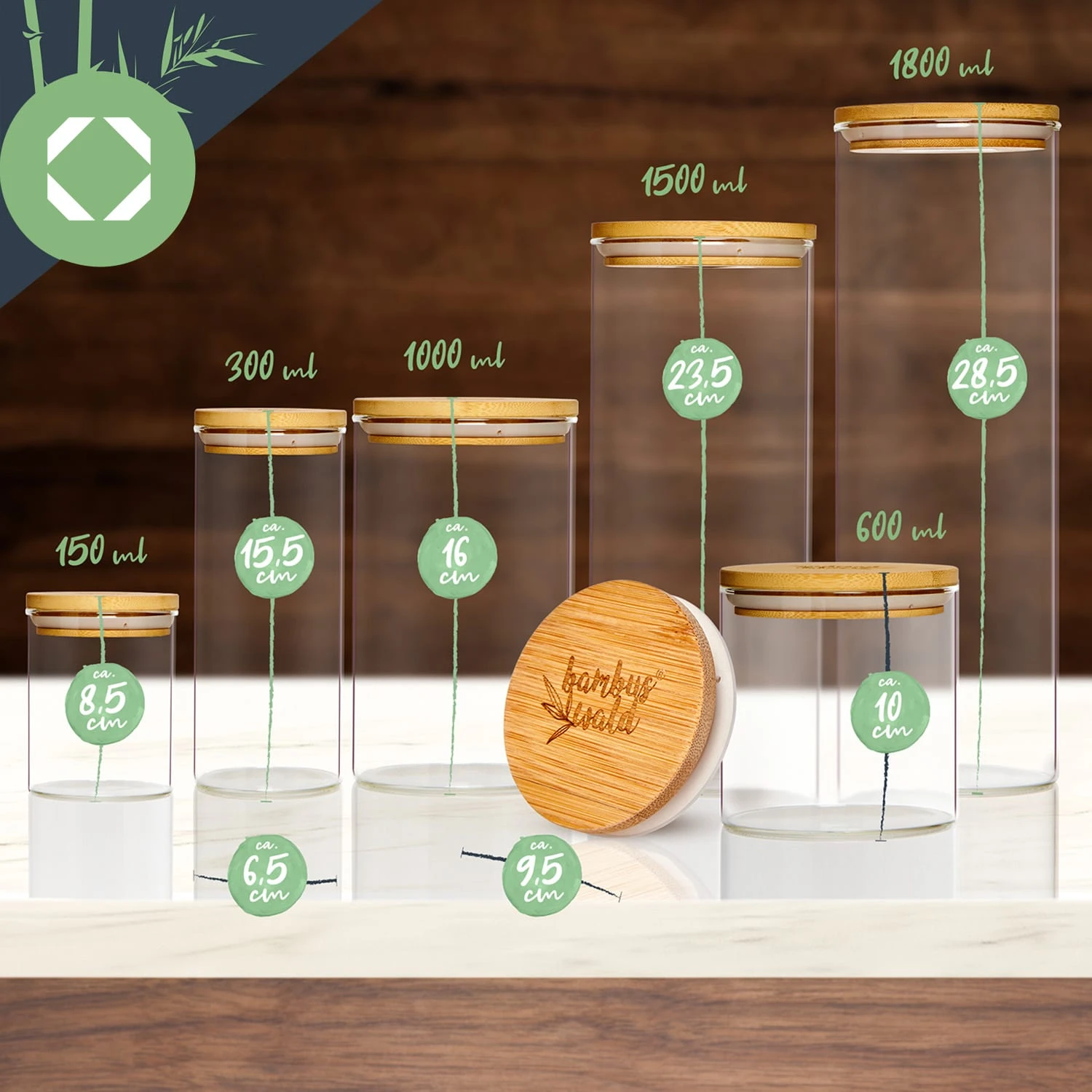 Rundes Glas Mit Bambusdeckel 4er-Set Inhalt: 600 Ml, 1000 Ml, 1500 Ml, 1800 Ml 10 Rundes Glas Mit Bambusdeckel 4er-Set Inhalt: 600 Ml, 1000 Ml, 1500 Ml, 1800 Ml – Bild 8