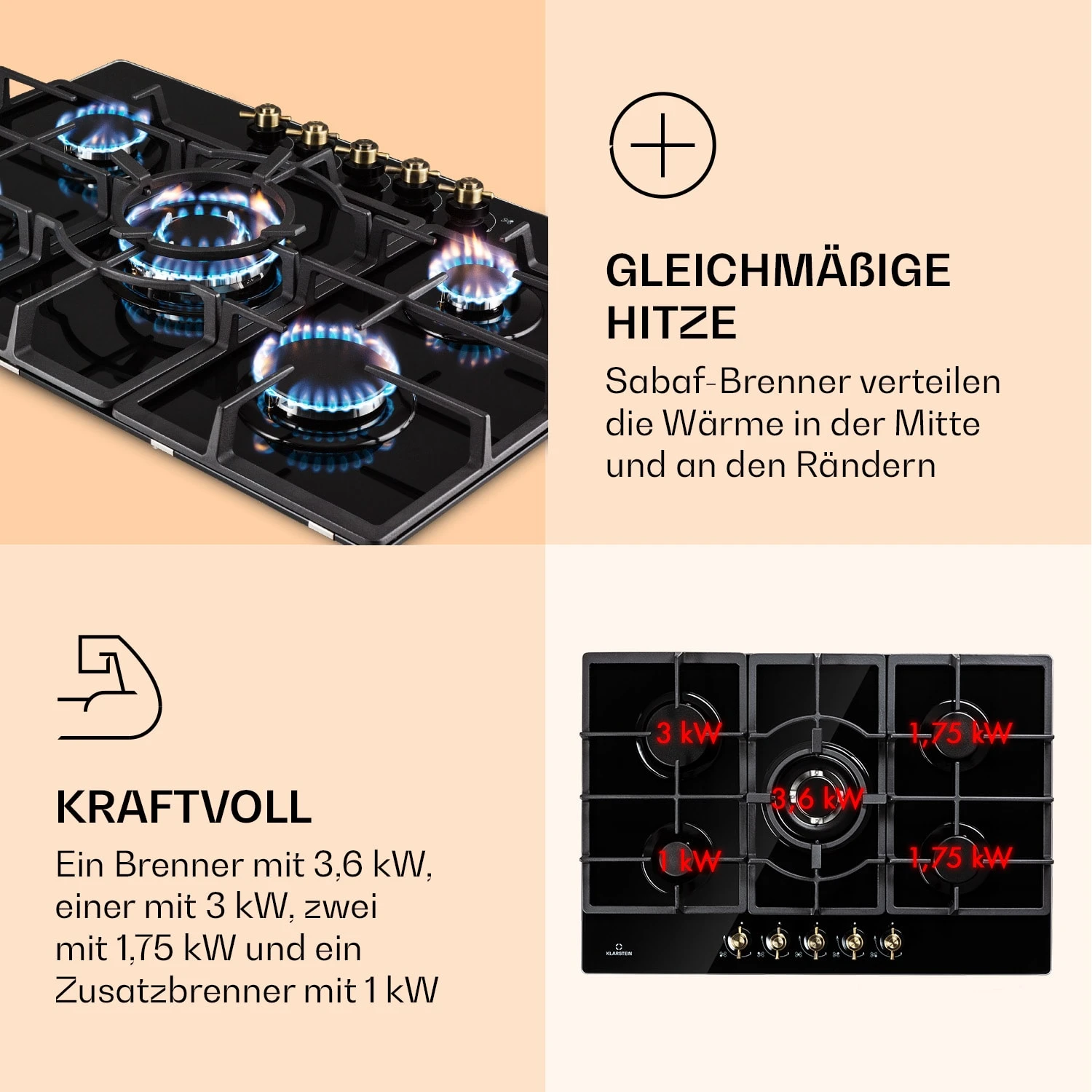 Victoria 5 Gaskochfeld 5-flammig Sabaf-Brenner Glaskeramik Retro-Look 5 Victoria 5 Gaskochfeld 5-flammig Sabaf-Brenner Glaskeramik Retro-Look – Bild 3