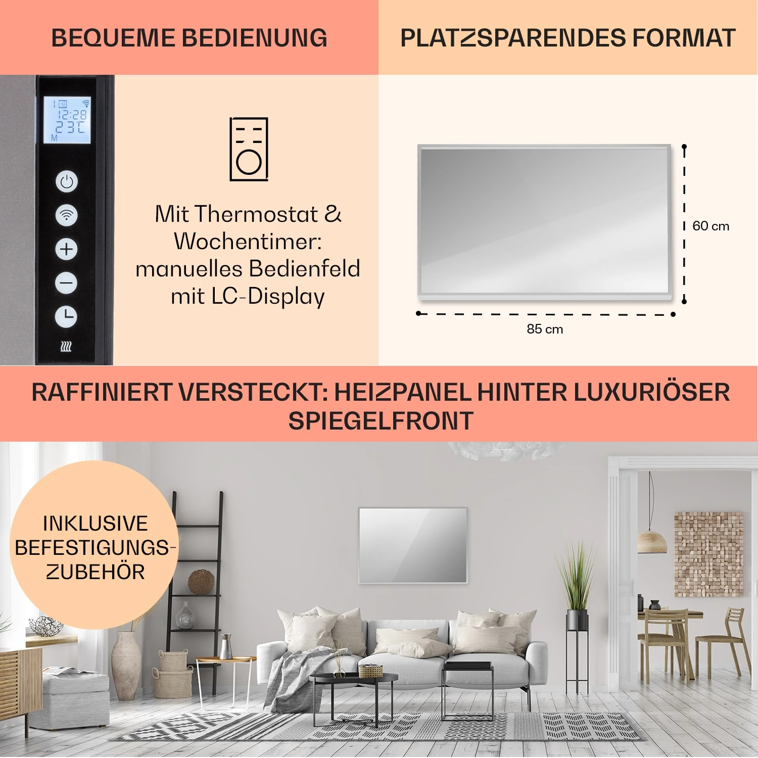 La Palma 750 Smart 2-in-1 Heizgerät Infrarot Konvektor 85x60cm 750W Spiegelfront 8 La Palma 750 Smart 2-in-1 Heizgerät Infrarot Konvektor 85x60cm 750W Spiegelfront – Bild 6