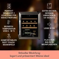 Vinamour 16 Uno Weinkühlschrank 16Fl./42l 5-18°C 41dB Glas 11 Vinamour 16 Uno Weinkühlschrank 16Fl./42l 5-18°C 41dB Glas -Klarstein 10039897 de 0002 usp