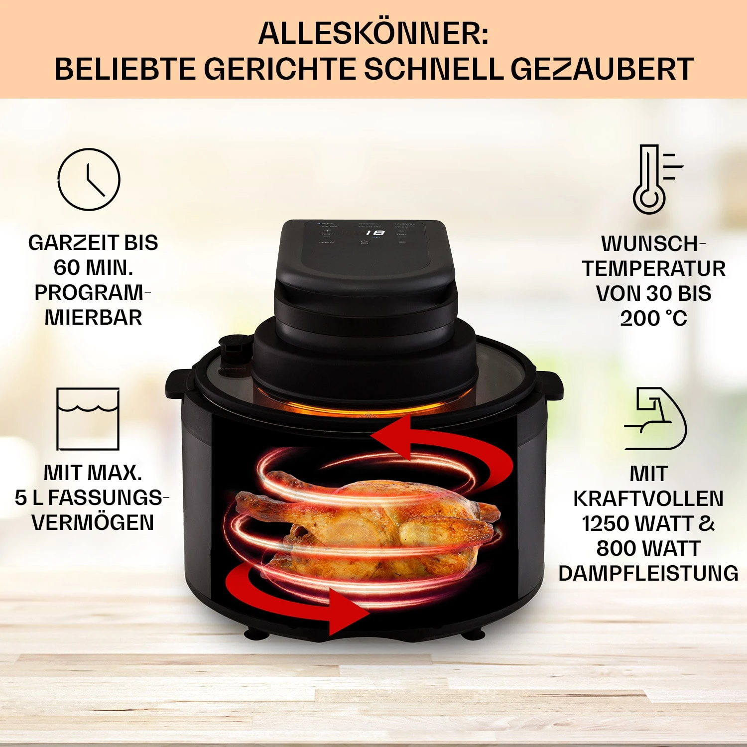 Vendure Heißluftfritteuse Mit Dampffunktion 1250W 5 Liter 6 Programme 5 Vendure Heißluftfritteuse Mit Dampffunktion 1250W 5 Liter 6 Programme – Bild 3