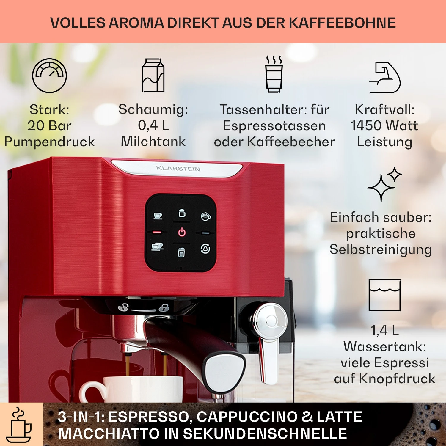BellaVita Kaffeemaschine 3-in-1 1450 W 20 Bar Milchschäumer 4 BellaVita Kaffeemaschine 3-in-1 1450 W 20 Bar Milchschäumer – Bild 2