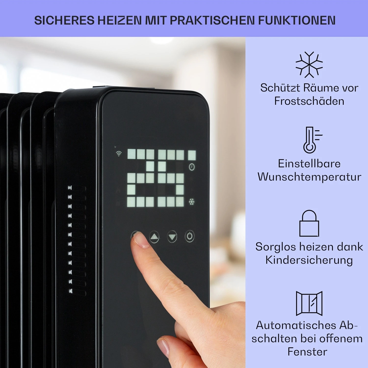 Sanford Smart Ölradiator 2500 W Leistung Wochentimer LED-Display Touch-Panel Klarstein-App 6 Sanford Smart Ölradiator 2500 W Leistung Wochentimer LED-Display Touch-Panel Klarstein-App – Bild 4