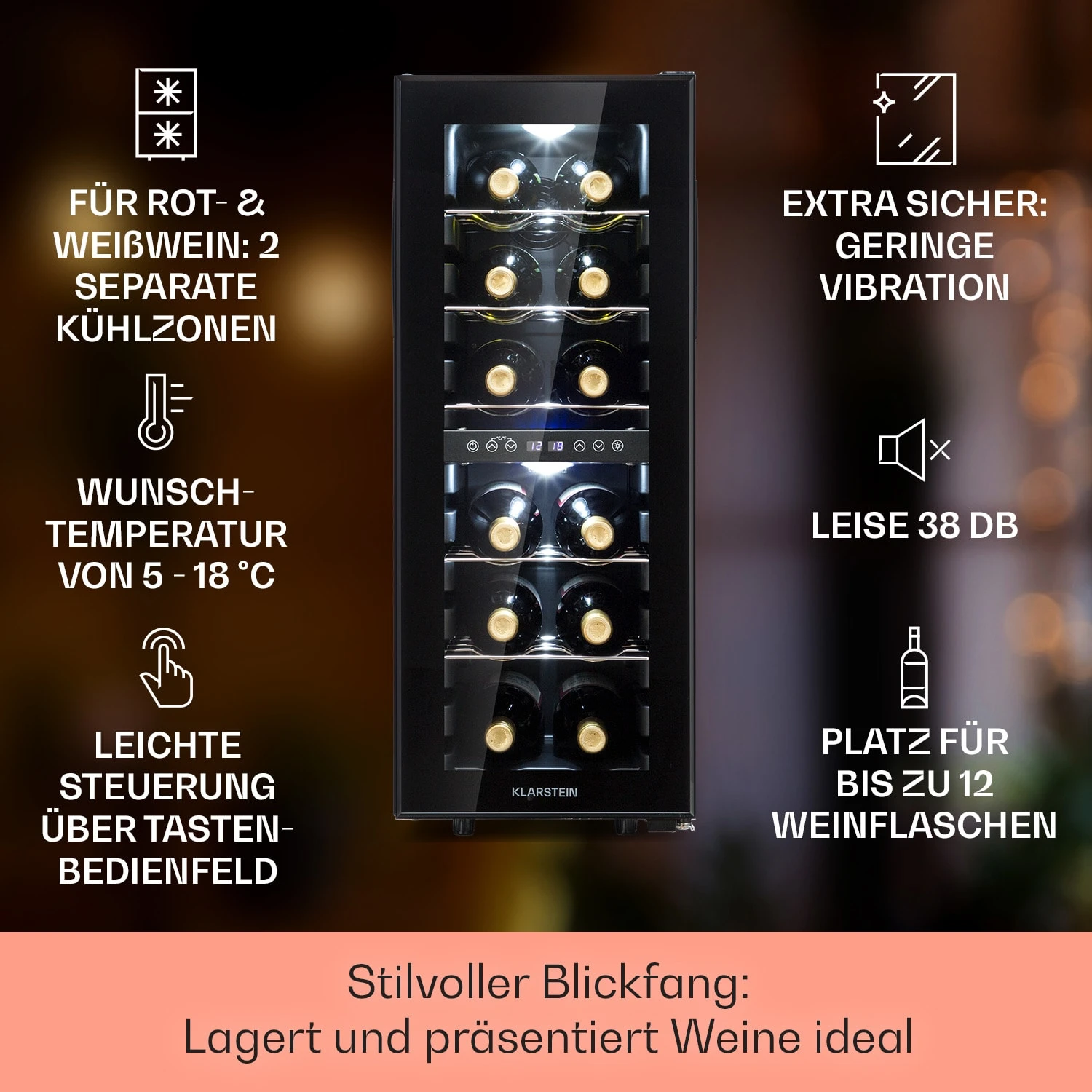 Shiraz 12 Duo Weinkühlschrank 2 Zonen 42L/12 Flaschen 5-12 / 12-18 °C Touch 4 Shiraz 12 Duo Weinkühlschrank 2 Zonen 42L/12 Flaschen 5-12 / 12-18 °C Touch – Bild 2