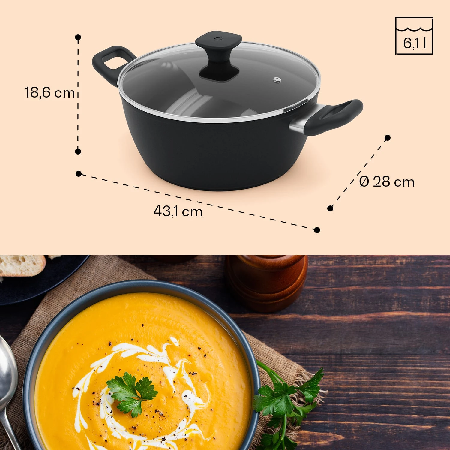 Noto Endurance Kochtopf Ø28cm Geschmiedetes Aluminium Deckel Induktion PTFE-Antihaftbeschichtung 11 Noto Endurance Kochtopf Ø28cm Geschmiedetes Aluminium Deckel Induktion PTFE-Antihaftbeschichtung – Bild 9