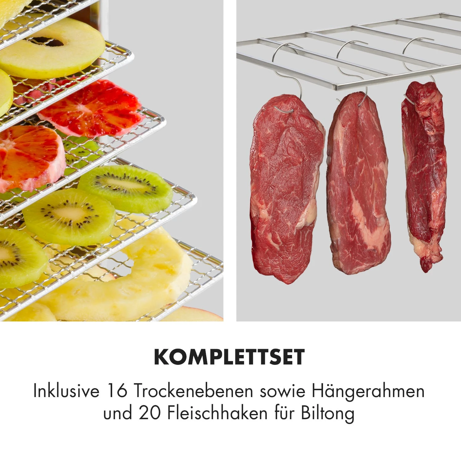 Master Jerky 16 Dörrautomat + Fleischhaken Set 1500W 40-90 °C 15h-Timer Edelstahl Silber 5 Master Jerky 16 Dörrautomat + Fleischhaken Set 1500W 40-90 °C 15h-Timer Edelstahl Silber – Bild 3